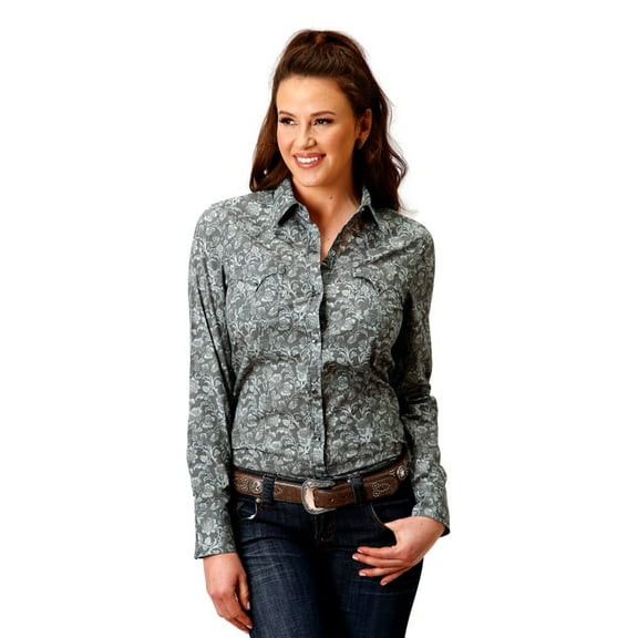 Roper Western Shirt Womens L/S Vine Print S Gray 03-050-0064-0308 GY
