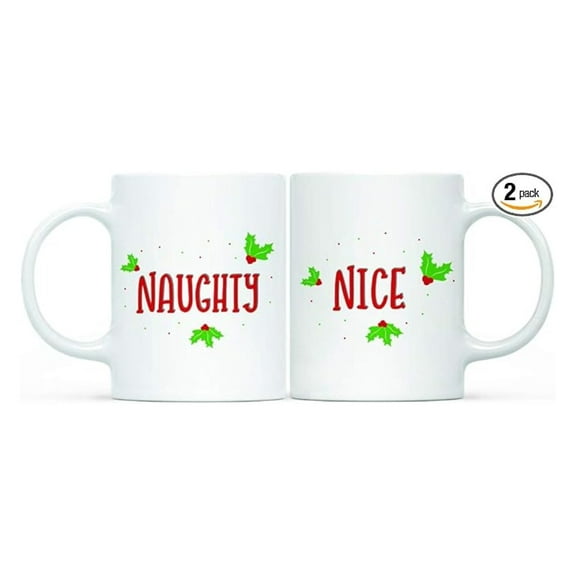 Christmas Coffee Mugs 11oz - Naughty Nice Couple Set - Funny Holiday Gift for Coworkers Family - 2 Pack Ceramic White