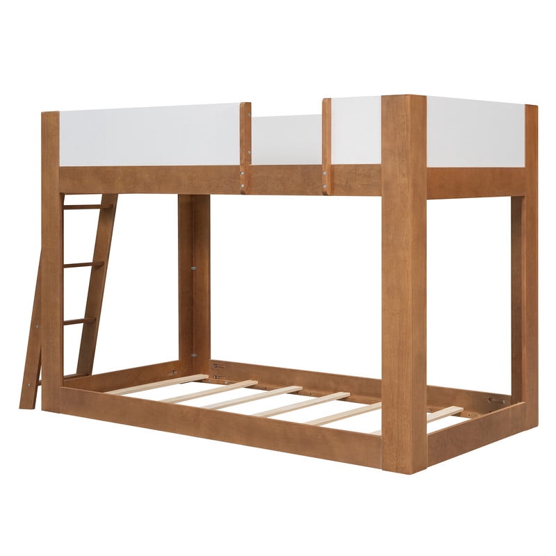 Twin-Over-Twin Low-Profile Bunk Bed with Guardrails, Wooden Kids Bed with Reversible Ladder, Accent Two-Tone Bed Frame