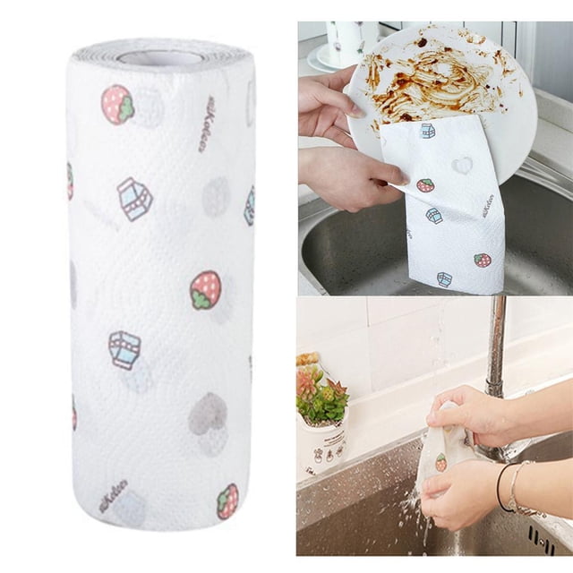 paños para platos soledad almohadilla absorbente de aceite para alimentos 50/100/150 hojas rollo multicolor, vista frontal centrada del rollo con patrón de fresas y cubos; paño no tejido absorbente de aceite de 23x25 cm usado para limpiar restos de comida en vajilla y enjuagar bajo el grifo; también suele usarse para limpiar electrodomésticos o interiores de auto.