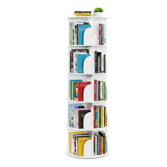SpaceAid 5 Tier Rotating Bookshelf Tower Spinning Bookcase Lazy Susan Revolving 360 Book Shelf Storage Round Carousel Vertical Rotate Turning Spiral Corner Organizer White