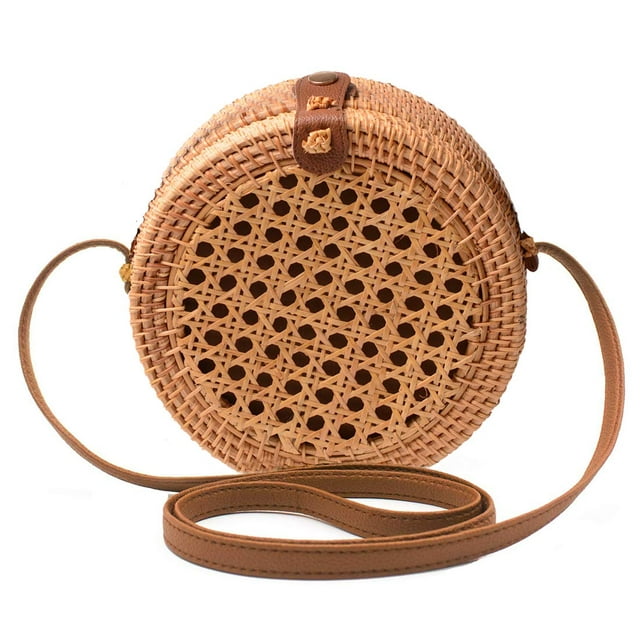 Bolsa Redonda de Rattan Tejida a Mano con Correas de Cuero para Mujeres