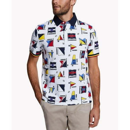 Mens Shirt White Medium Waffle Piqued Flag Printed Polo M