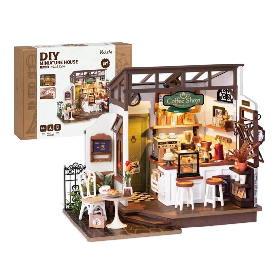 Kit de casa de muñecas en miniatura Rolife Coffee Shop con luces LED