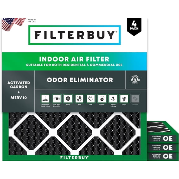 Filterbuy 10x10x1 Air Filter MERV 10 Odor Defense, Pleated HVAC AC Furnace Filter Replacement, 4-Pack