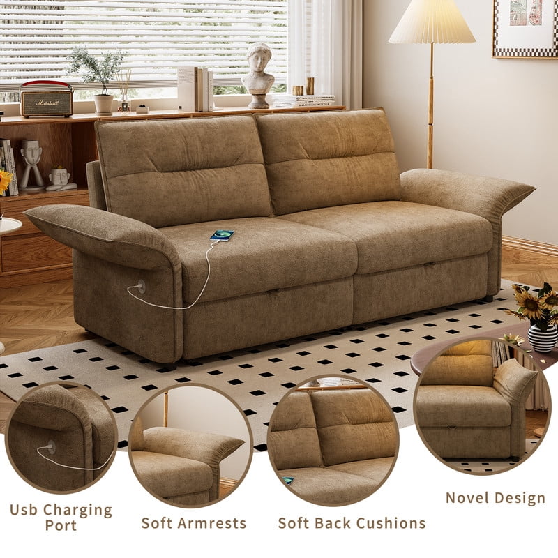 85" Convertible Sofa Bed, 2-in-1 Sleeper Sofa with Plush Fabric, Full-Size Pull-Out Couch with USB Charging Ports, Solid Wood Frame, High-Resilience Foam for Living Room & Small Space