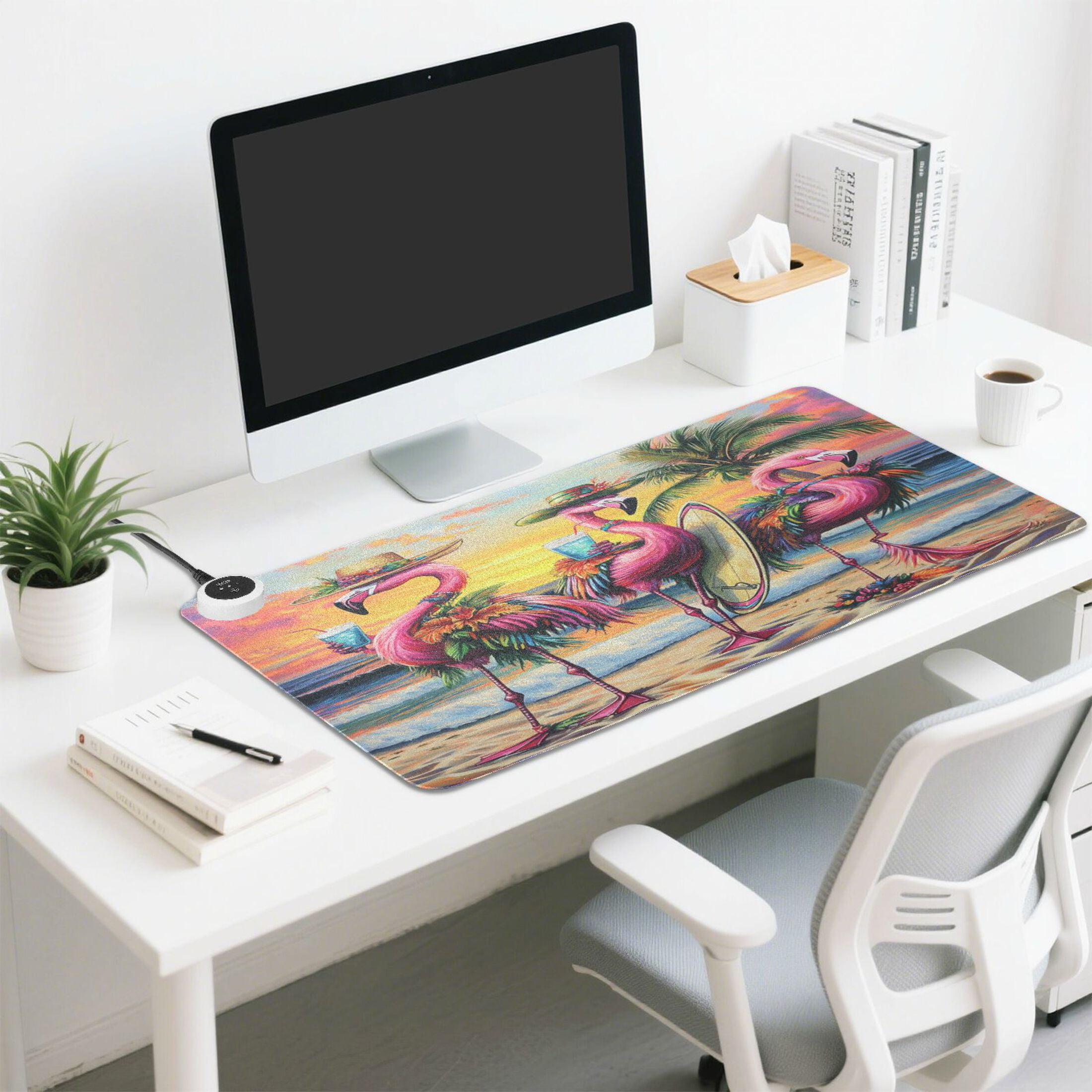 Wobogo Summer Flamingo Heated Mouse Pad Extra-Large Desk Mat With 3 Heating Levels and 3-hour Auto Shut-Off Protection Ideal for Computer Keyboards Home Office Hand-warming Essential 31.5in × 13in