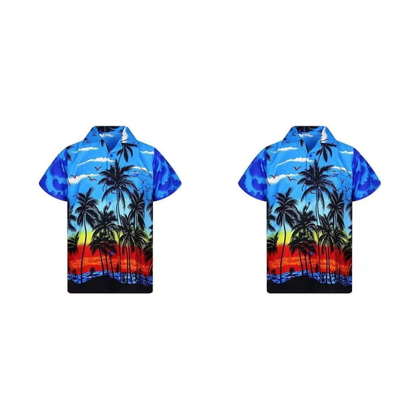 Jumpingount camisa de playa de manga corta de moda casual suelto impreso vacaciones palma de un solo pecho ropa de playa de gran tamaño para azul Azul/L 2piezas