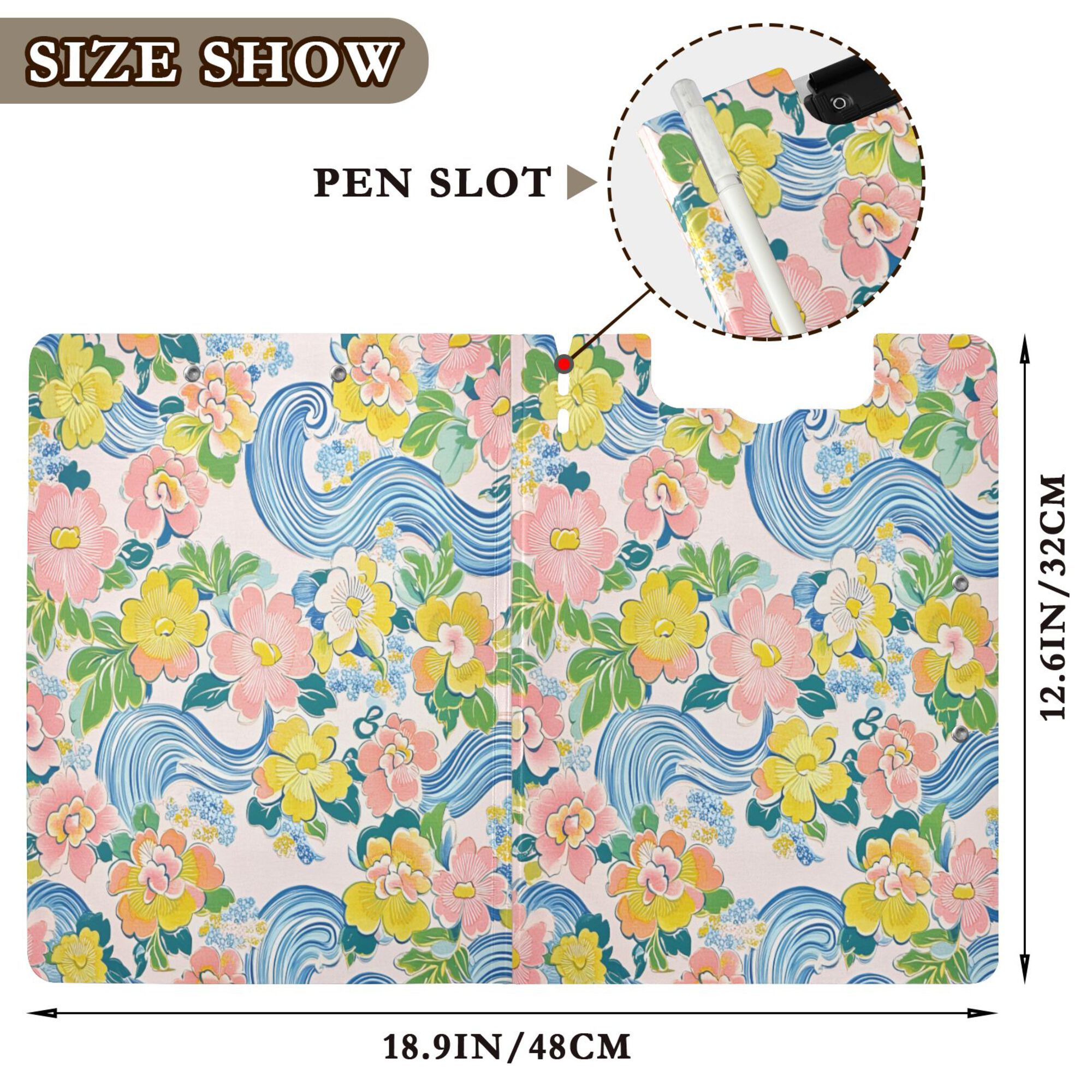 FORMRS A4 Clipboard Folder with Pen Holder Horizontal Foldable School Office Binder, Blue Floral Wave