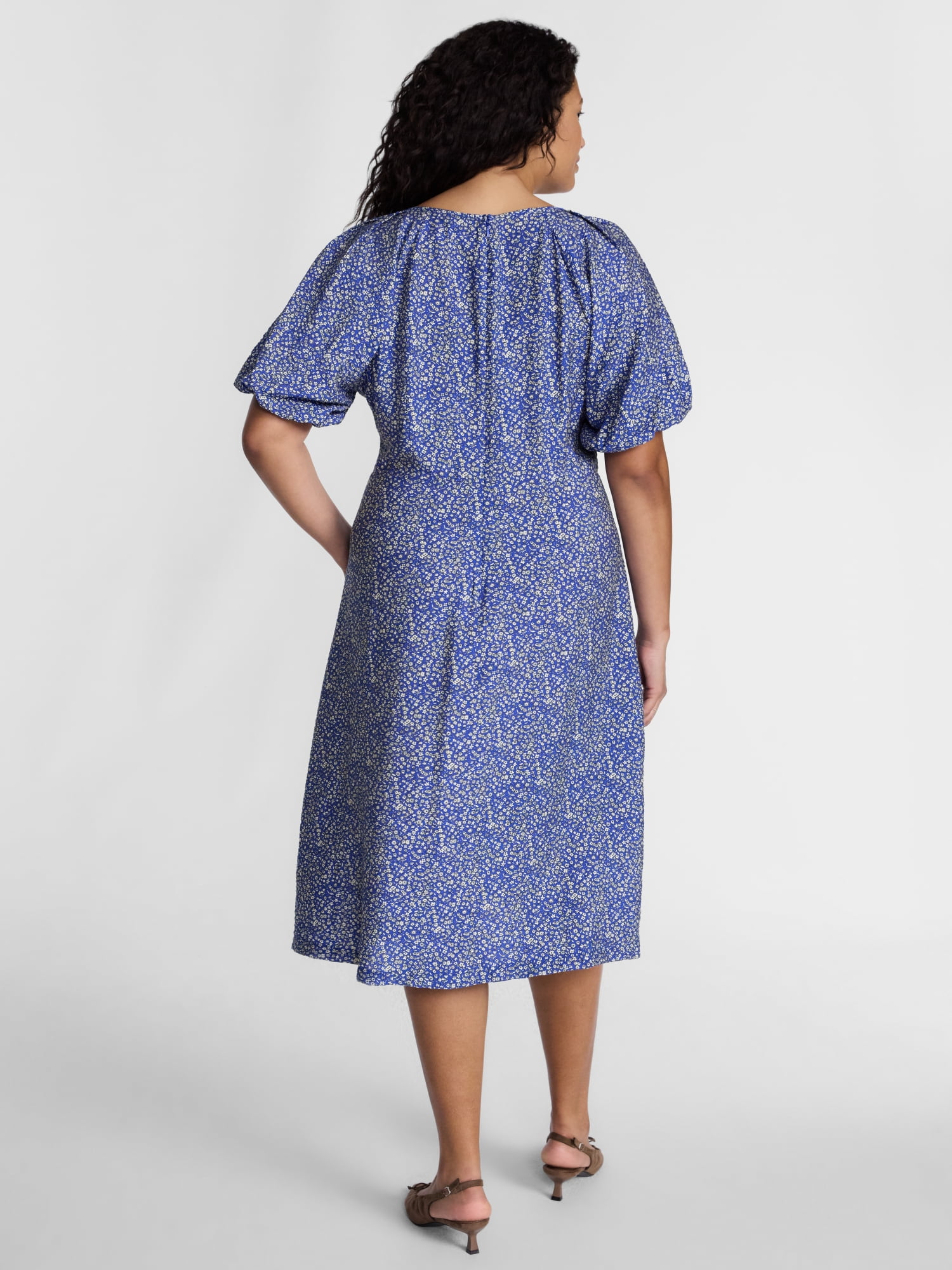 Terra & Sky Women's Plus V Neck Midi Dress with Short Puff Sleeves, Sizes 0X-5X