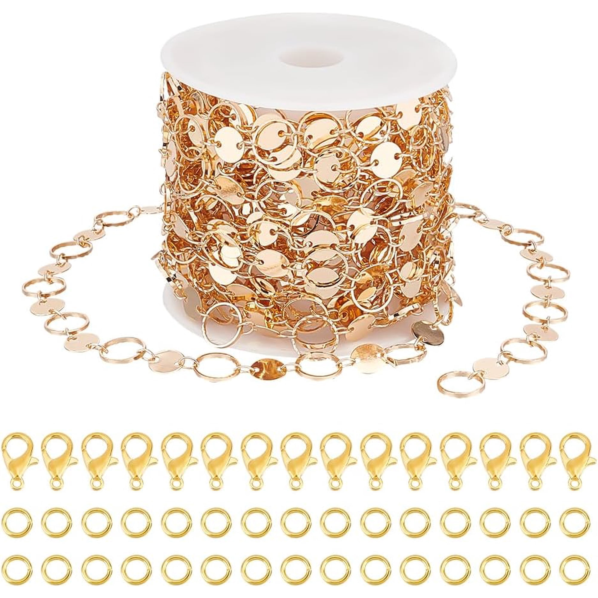 Gold 16.40 Feet/5m Golden Brass Jewelry Chain Flat Round and Ring Links Cable Chain with Lobster Clasps and Jump Rings for Necklace Bracelet Anklet Jewelry Making