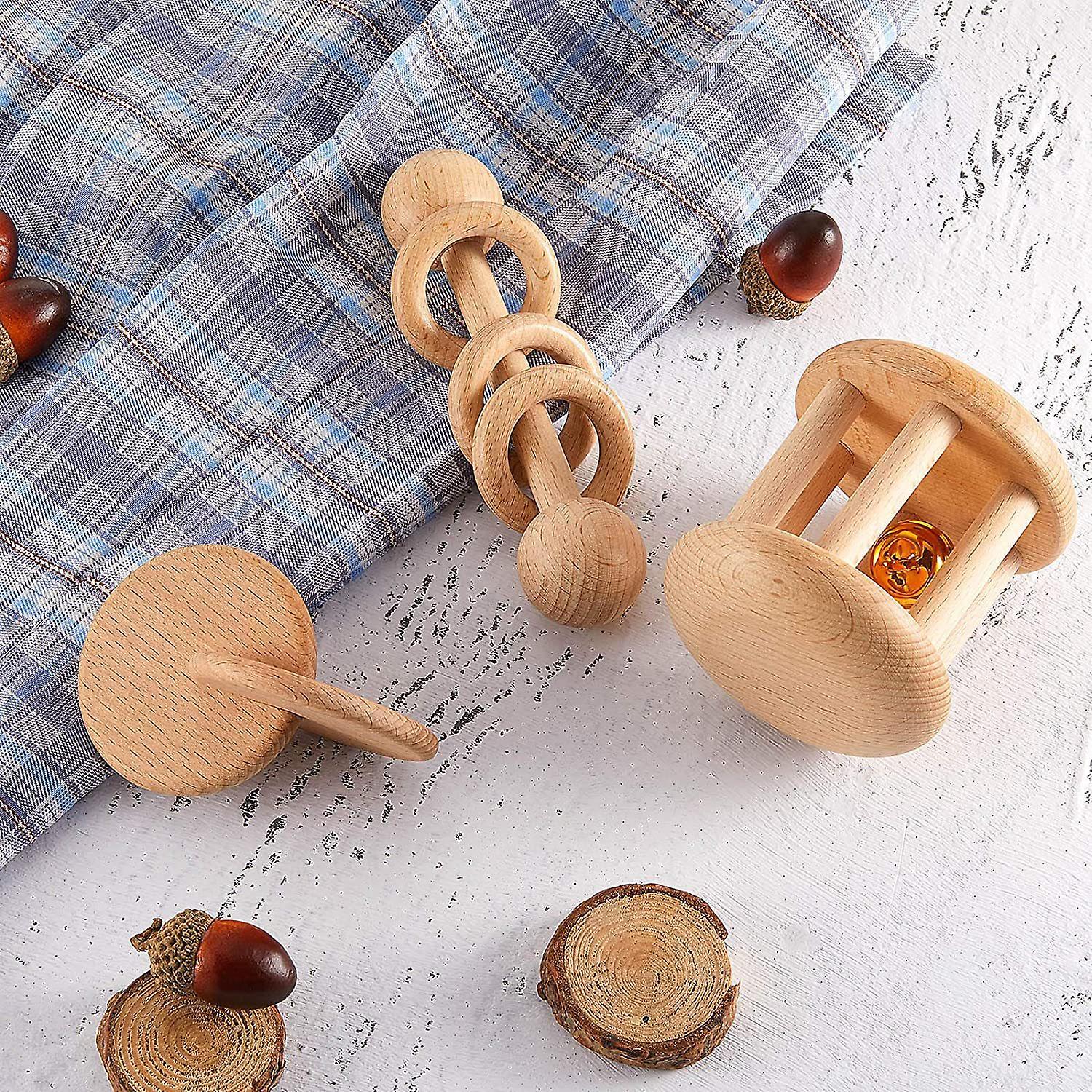 Set De 3 Sonajeros De Madera Para Bebés – Anillos De Mordedor Y Aro De Agarre Montessori, Juguete Sensorial Para Recién Nacidos Y Baby Shower