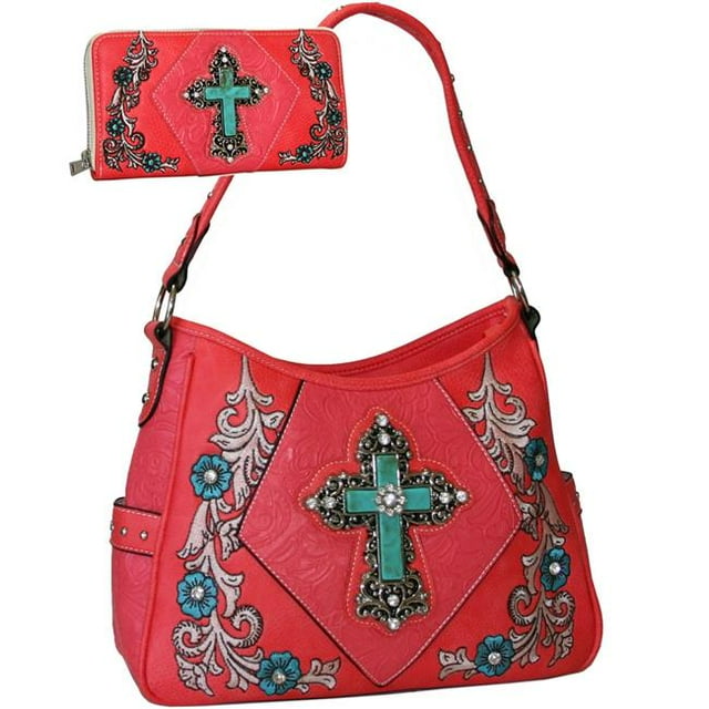 Gold Rush CRL681WB681SET-CORL Studded Rhinestone Cross Embroidered Western Purse Wallet Set - Coral