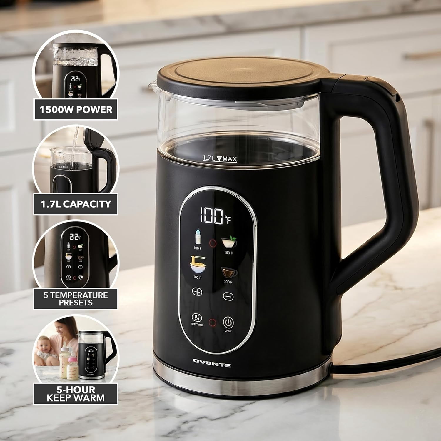OVENTE Electric Kettle, 1.7L Fast Boiling Water Heater with Digital Touchscreen, Double-Wall Cool Touch Exterior, 5Hr Keep Warm, Auto-Shut Off, Boil-Dry Protection and Borosilicate Glass, Black KD96B