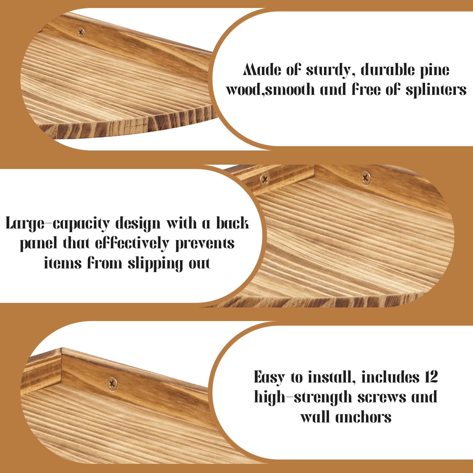 VEGCOO Rustic 3-Piece Solid Wood Wall Shelves Set - Triangular Corner Floating Shelves, Pine Wood Wall Fan Shaped Mounted Display Shelves, Easy Install for Bathroom, Kitchen, Living Room Decor