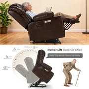 Power Lift Recliner Leather Chair Sofa with Massage & Heat, Lazy Boy Chair with Cup Holders, USB & Type-C Ports, Remote Control-Brown