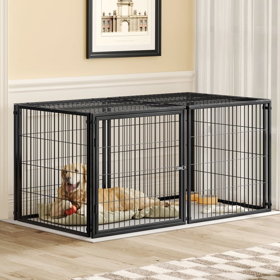 YIYADO Large 63.7" Dog Cage Playpen with Top Cover for Medium Dogs, Heavy Duty Metal Pet Kennel Indoor, Black