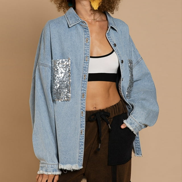 Babysbule Manteaux d'Hiver pour Femmes Liquidation Femmes Mode Décontractée Poches Paillettes Uni Manches Longues Hauts Veste Denim Manteau
