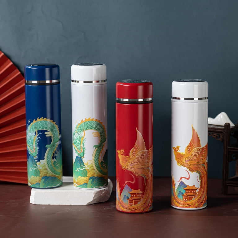 Insulated Coffee Tea Travel Thermos Mug Water Bottle with Removable Strainer and Temperature Featuring Chinese Art Design