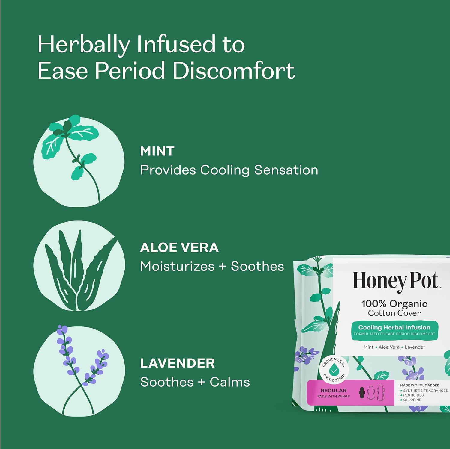 Herbal Sanitary Pads for Women - Regular Flow w/Wings - Infused w/Essential Oils for Cooling Effect & Organic Cotton Cover - Feminine Care - 20 ct
