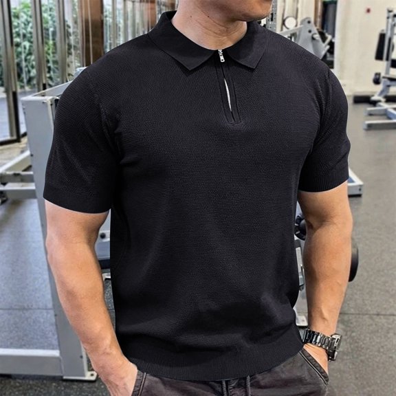 COSFO Casual Men's Polo Shirts Black Short Sleeve Golf Shirts Performance Classic Fit Quarter Zip Pullover Collared Tops