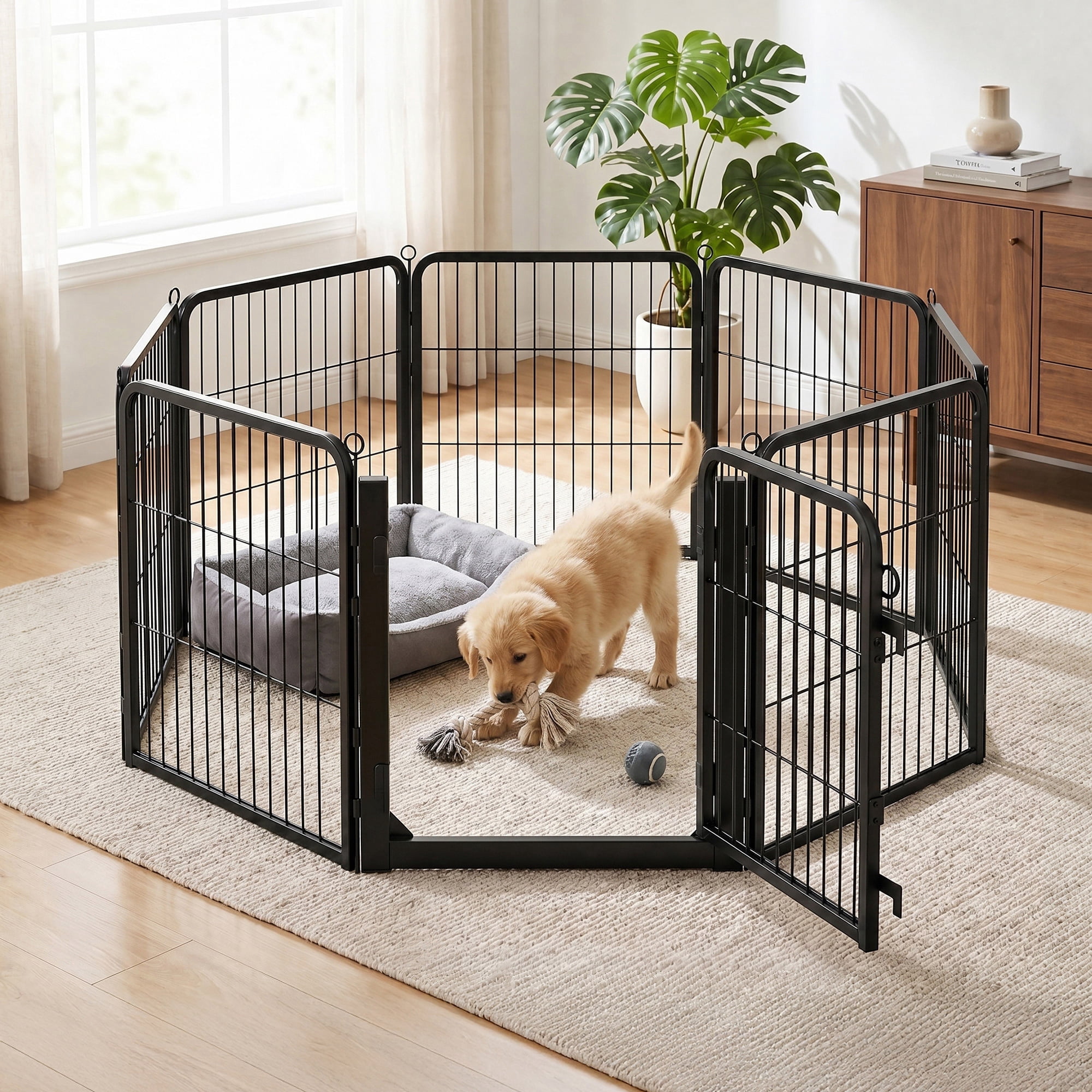 LEDREM Dog Playpen with Secure Door Latch 8-Panel Rust-Resistant Steel Pet Pen 54.5 x 54.5 x 23.6 in Indoor Outdoor Black