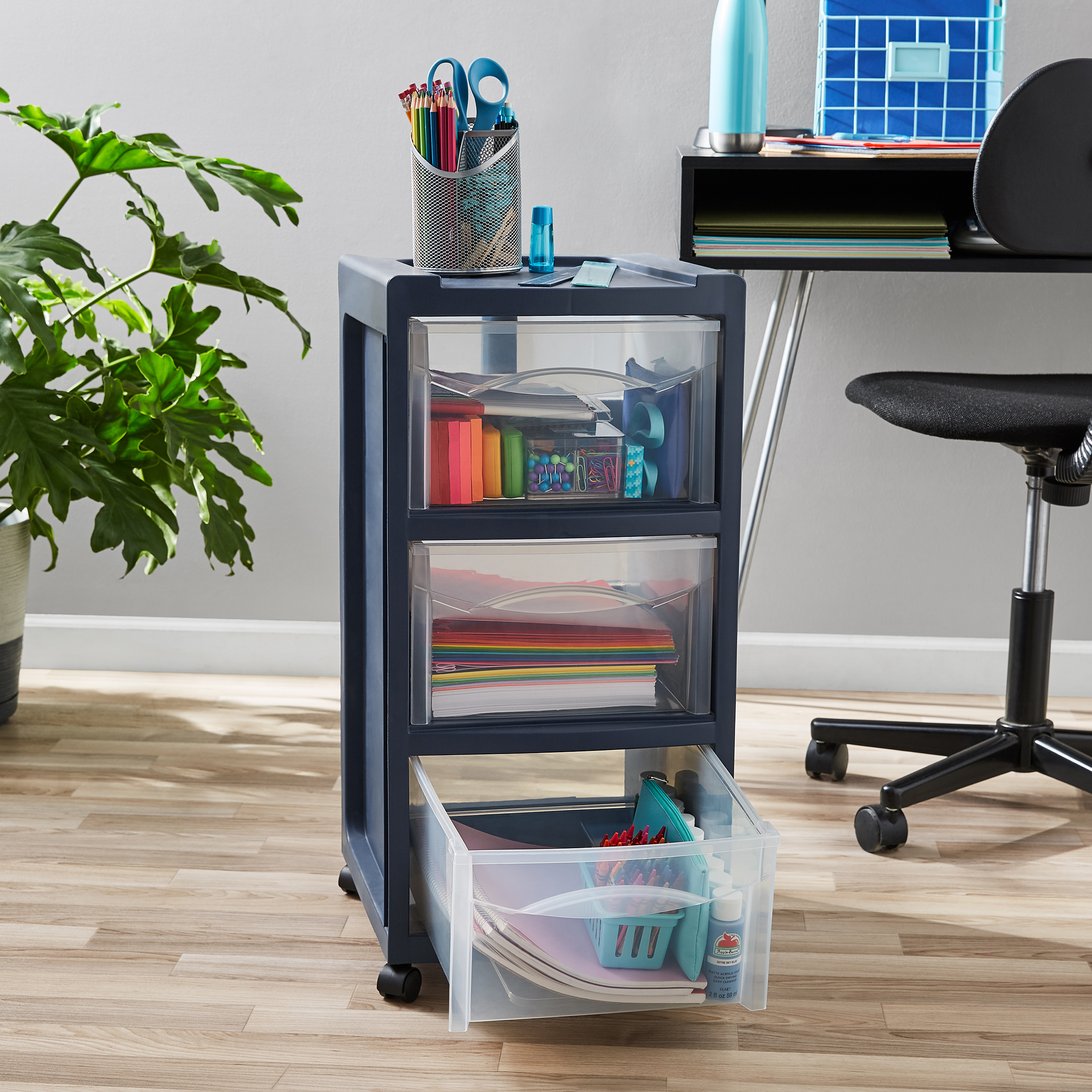 Mainstays Medium 3-Drawer Cart with Wheels, Blue Cove