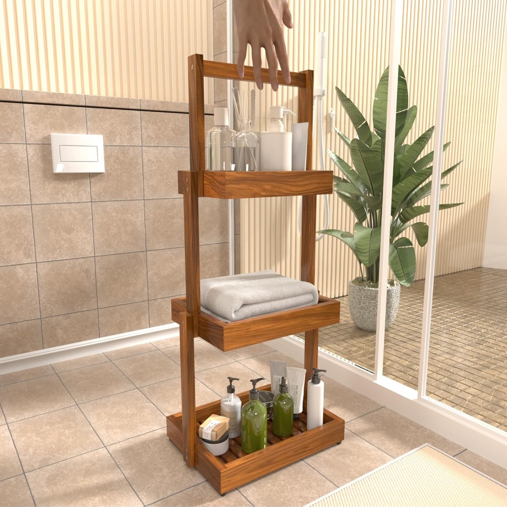 Teak Organizer for Bathroom Kitchen - Use as Shower Caddy Towel Holder Toilet Paper Storage Fruit Basket Spice Rack with Non-Slip Base