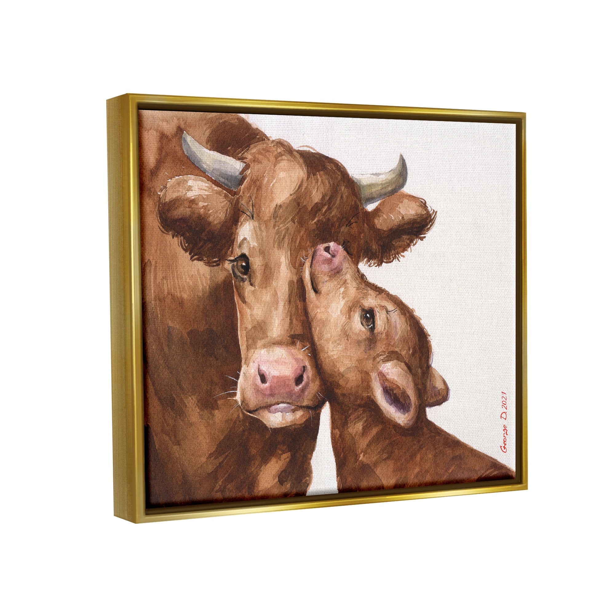 Stupell Industries Compassionate Cattle Mother & Baby Cuddle Rural Farmland Painting Metallic Gold Floating Framed Canvas Print Wall Art, Design by George Dyachenko