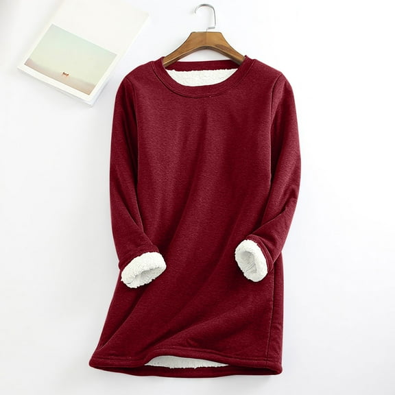 RYDCOT Winter Tops for Women 2023 Trendy Velvet Tops for Women Long Sleeve Plus Size Round-Neck Blouses Lamb Wool Warm Tunic Tops Sale or Clearance Red