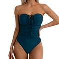 thumbnail image 2 of TEVEQ Women's One Piece Strapless Bandeau Swimwear Tie Front Cutout Ruched Halter Swimsuit Vacation Bathing Suit for Beach Pool,Retro Slimming Halter Swimwear Lace Up Cut Out Push Up Swimsuit Navy S, 2 of 9