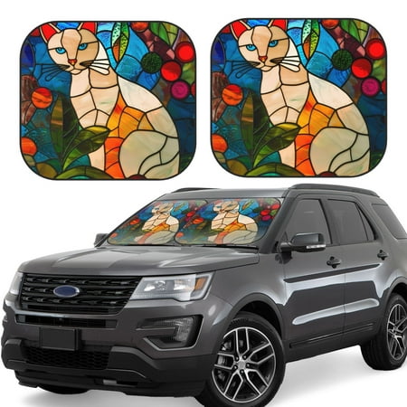 Hirioo Stained Glass Cat Art for 2PCS Windshield Sun Shade Foldable | Front Windshield Shade for Sun Heat and UV Rays-Small