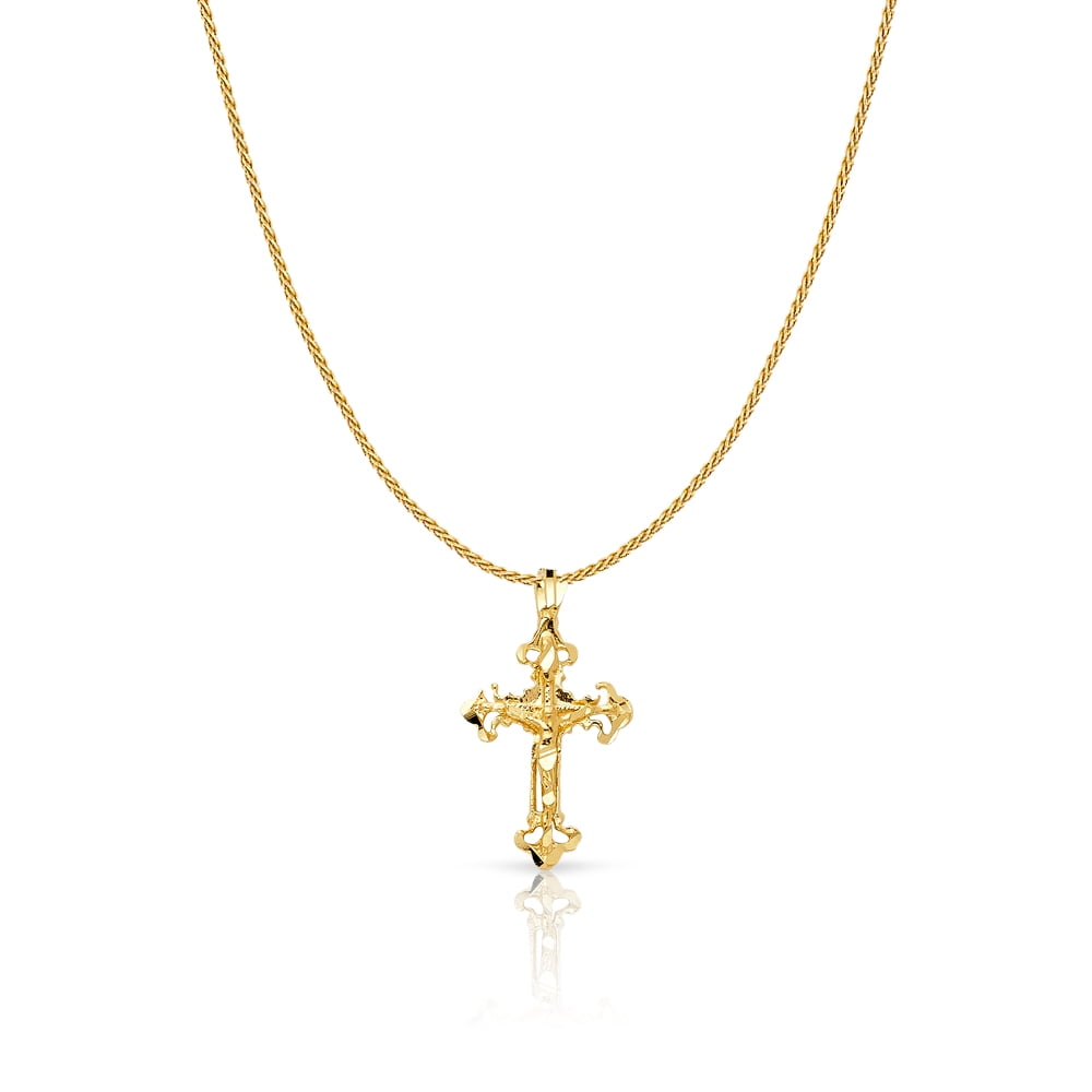 14K Yellow Gold Crucifix Charm Pendant with 0.9mm Wheat Chain Necklace