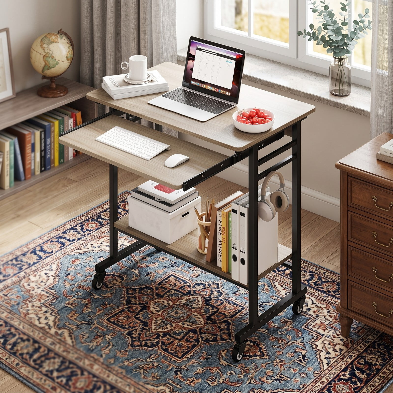 Furnibear Rolling Laptop Table Mobile Computer Desk Cart with Pull-out Keyboard Tray, 3 Hooks, Bottom Storage Shelf and Locking Wheels for Home Office, Grey