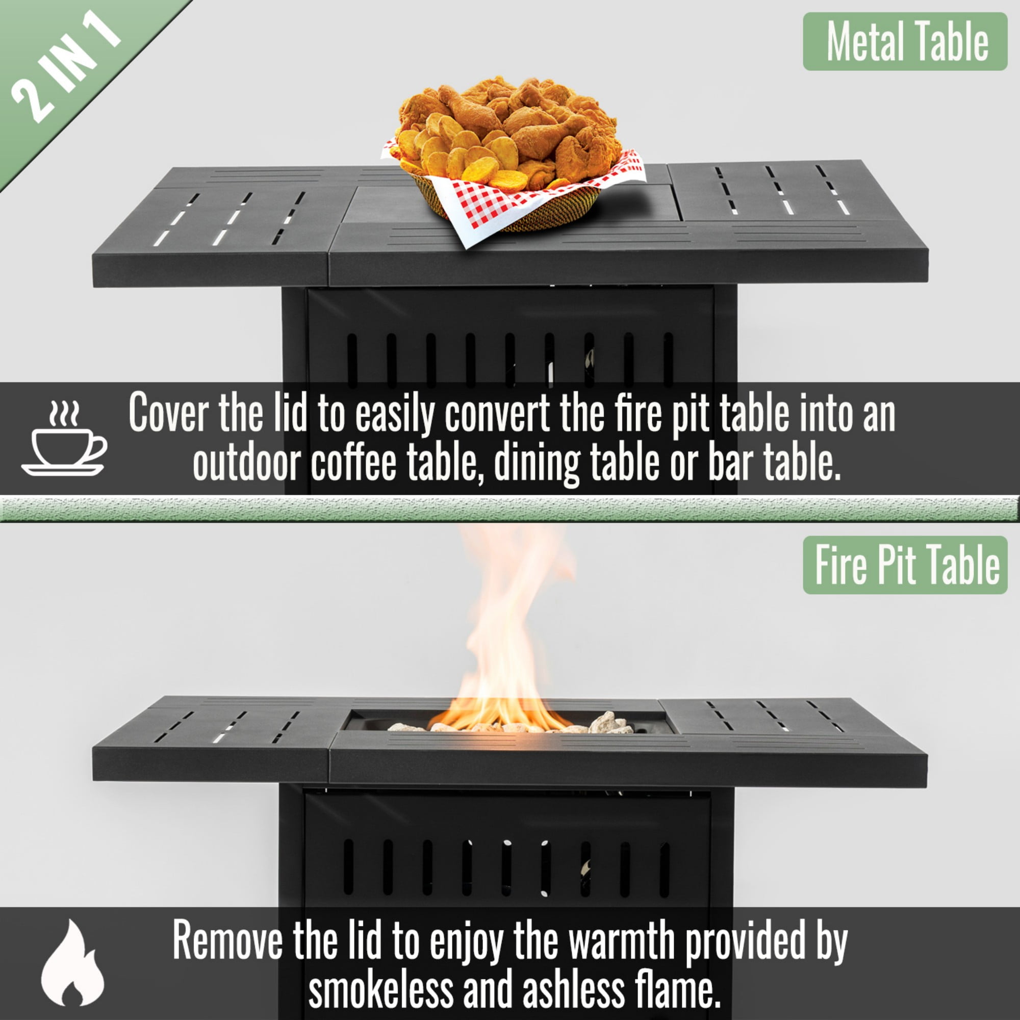 BOFANG 34 in x 34 in Rectangular 50000 BTU Propane Black Finish Steel Fire Pit Table with Smokeless