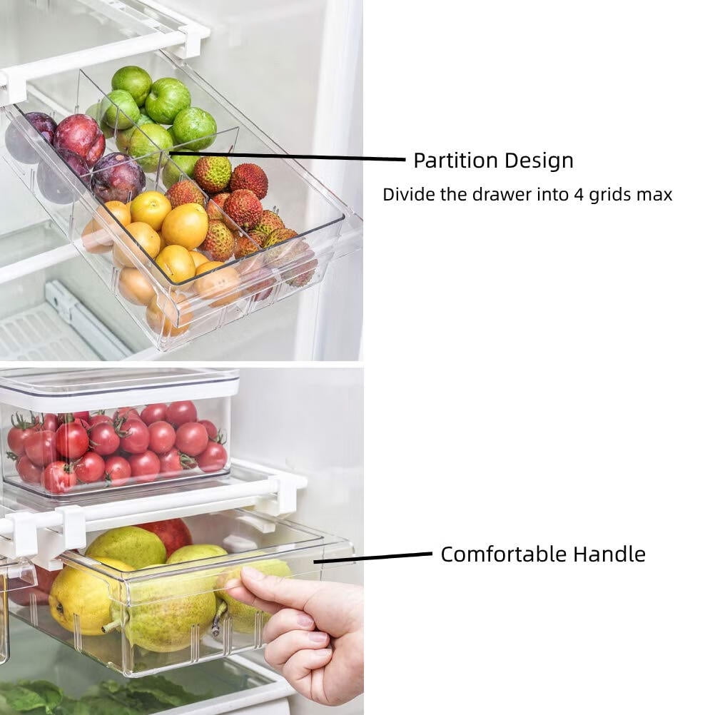 Fridge Drawer Organizer, Refrigerator Organizer Bins, Pull Out with Handle, Shelf Holder Storage Box, Clear Container for Food, Drinks, Fit for Fridge Shelf Under 0.6" (1 Pack Medium)