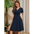 thumbnail image 2 of Chiclily Womens Summer Short Sleeve Casual Dresses V-Neck Boho Midi Dress with Pockets, Navy Blue M, 2 of 6