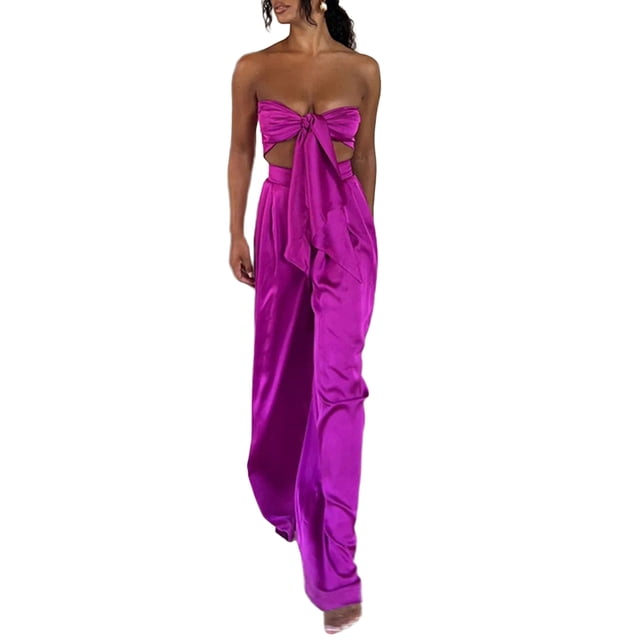 TRKIYQC Traje de pantalón de dos piezas para mujer, blusas de bandeau con lazo y escote corazón de color sólido y pantalones de pierna ancha TRKIYQC Vida cotidiana