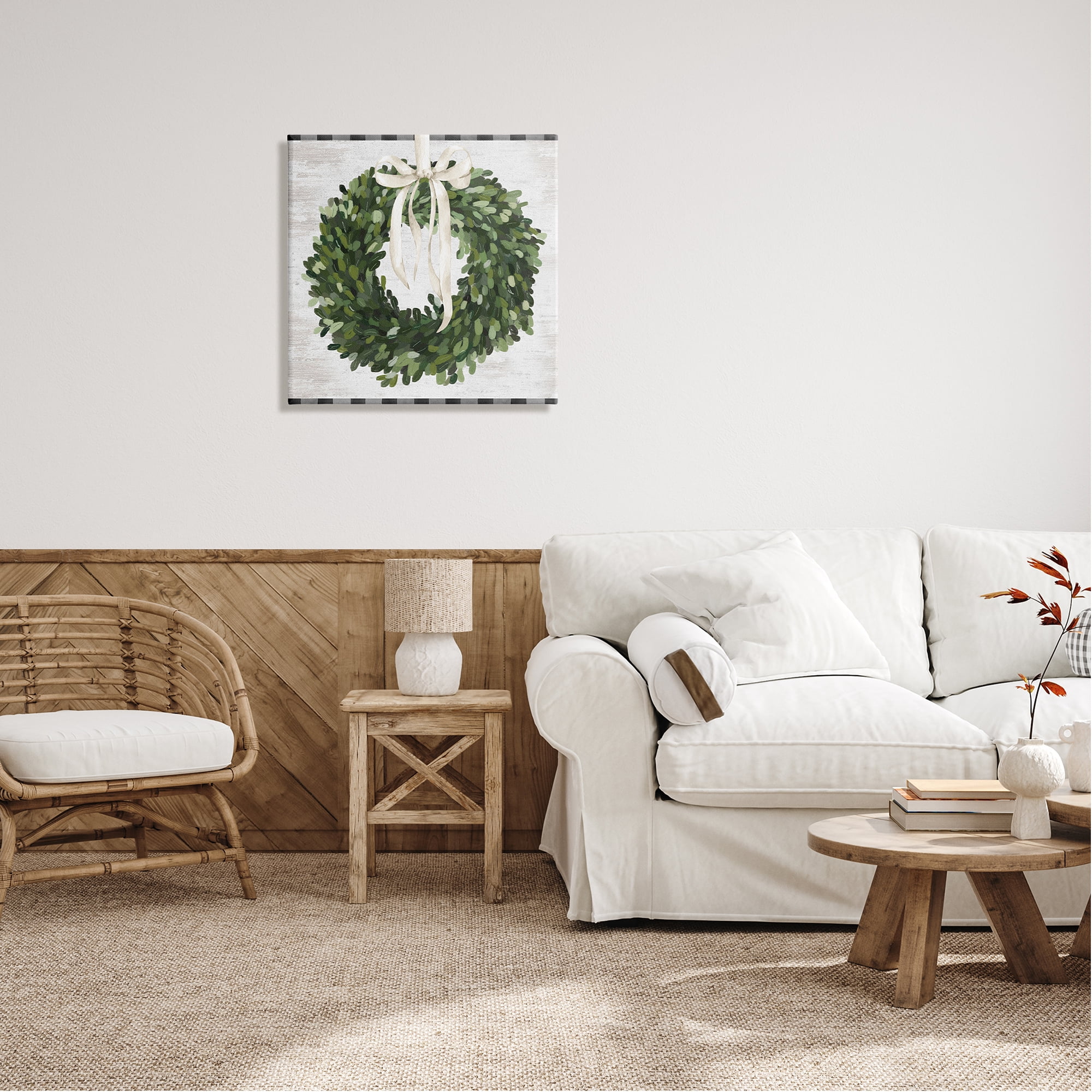 Stupell Industries Country Wreath with Plaid Botanical & Floral Painting Gallery Wrapped Canvas Art Print Wall Art, 24 x 24