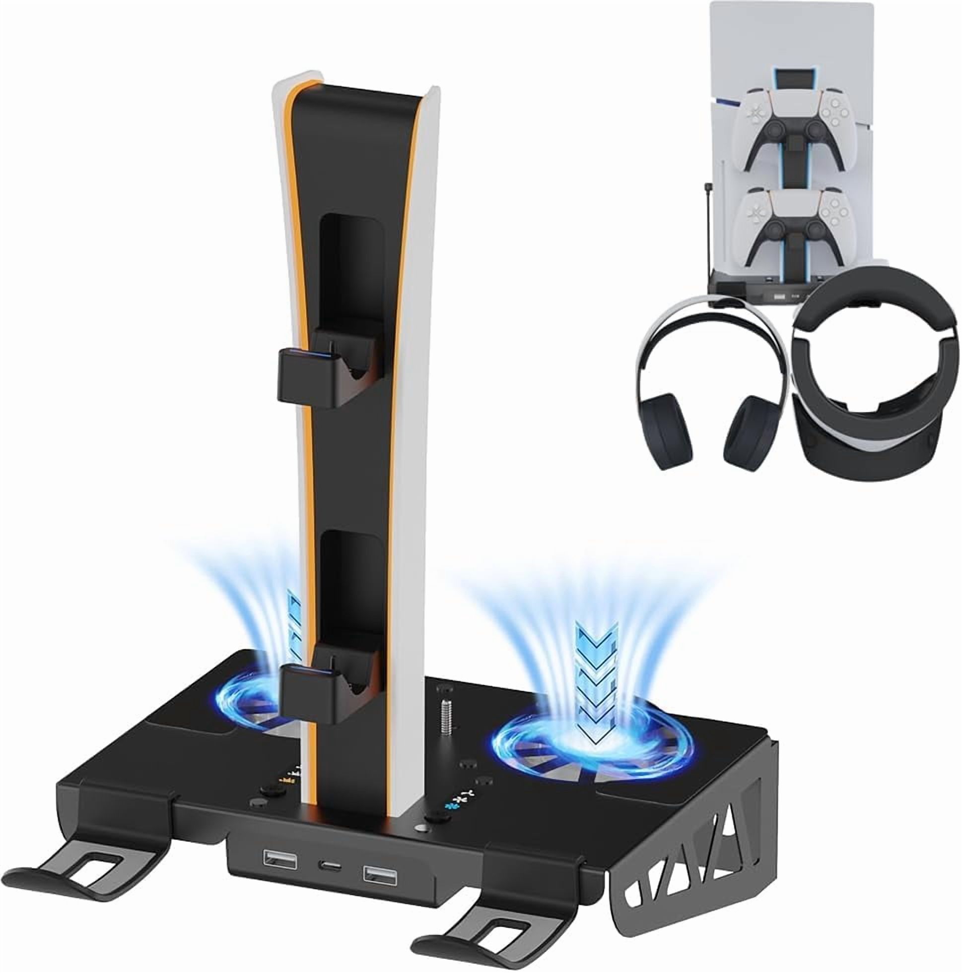 Uberwith for PS5/PS5 Slim/ PS5 Pro Wall Mount, Accessories Kit with Cooling Fan & Charging Station, Shelf Floating Mount for PS5/PS5 Slim/ PS5 Pro Disc & Digital Console, Behind TV Wall Bracket