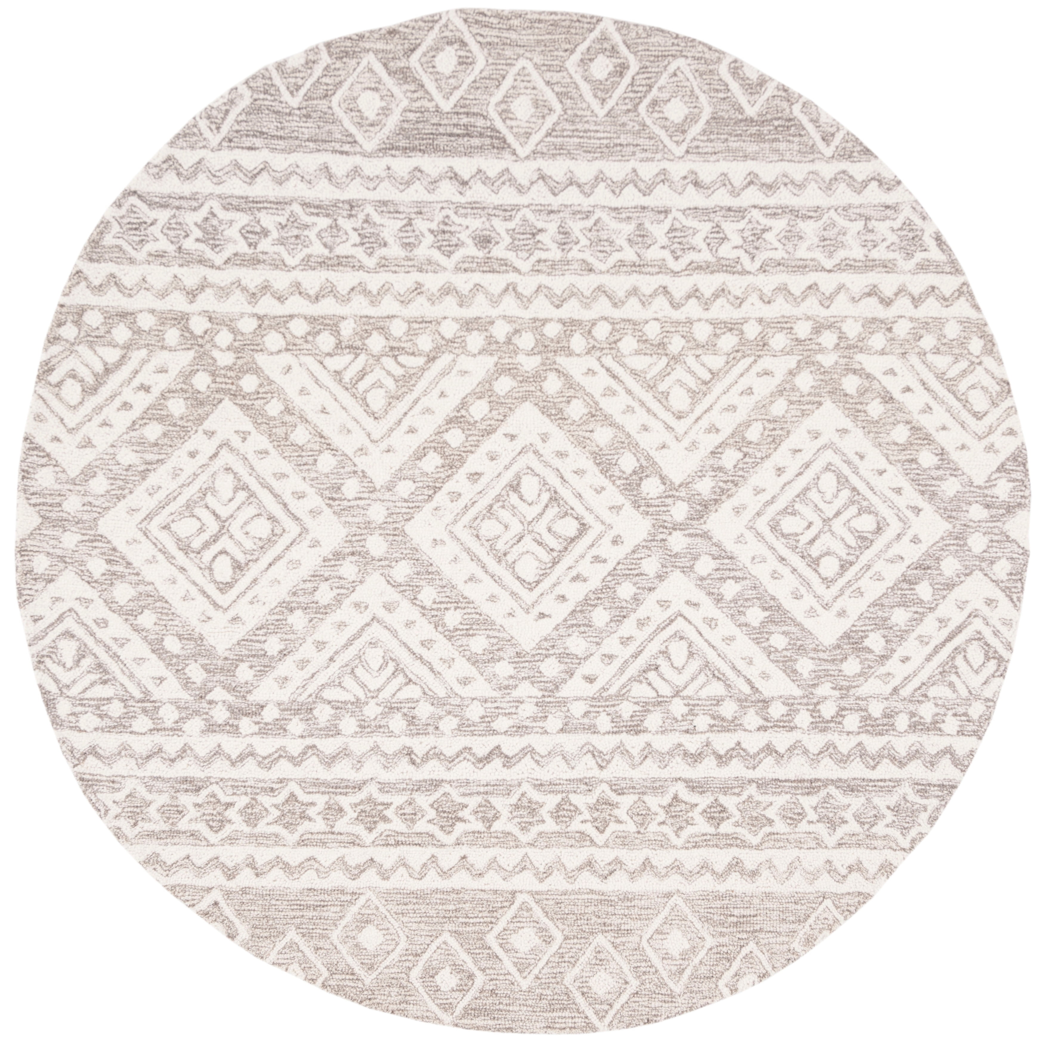 SAFAVIEH Micro-Loop Regis Geometric Aztec Wool Area Rug, Grey/Ivory, 5' x 5' Round