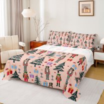 Homewish Christmas Nutcracker 4 Pieces Queen Sheet Sets for Kids Children Teens,Festival Theme Ultra Soft Flat Sheet,Happy Xmas Queen Fitted Sheet,Microfiber Bedroom Decor