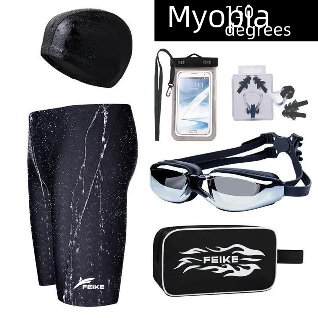 Bañador de cinco puntos de secado rápido para hombre, impermeable, gorro de baño con estampado de piel de tiburón y gafas