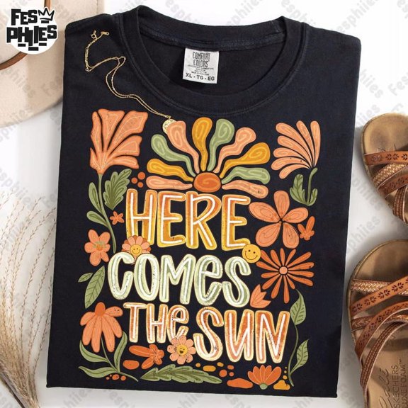 Retro Here Comes The Sun T-shirt, Cute Summer Shirt, Trendy Summer Vibes Shirt, Boho Floral Shirt, Groovy Preppy Shirt, Funny Hippie Tee TH260531
