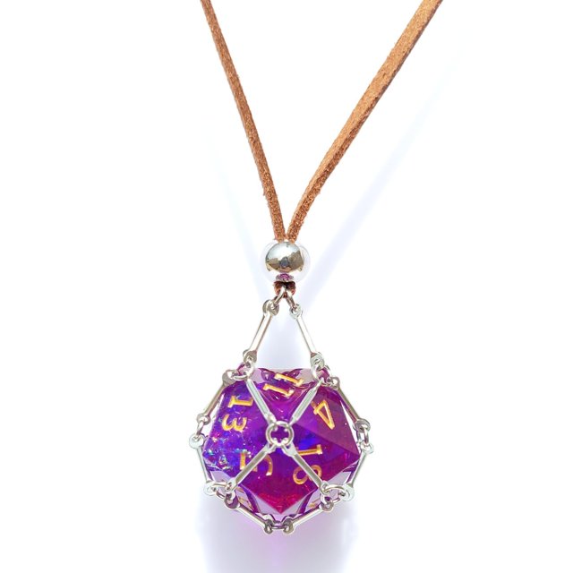 Collar de dados DND D20 extraíble con cadena de cuero y jaula de acero