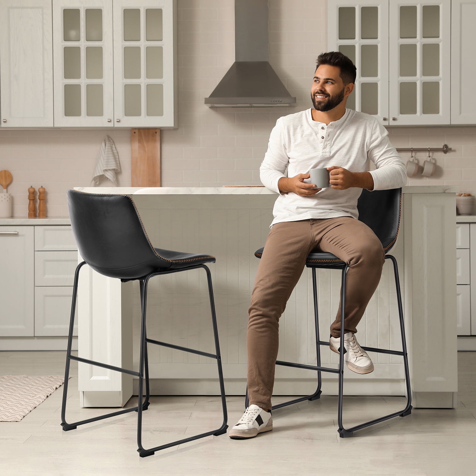 GIANNA 2 pcs 30" Bar Height Barstools, Modern Faux Leather, With Metal Legs, Footrest, For Dining Room Kitchen Island, Black