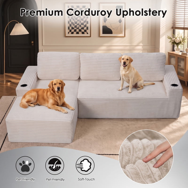Anpport 104" Boneless Cloud Modular Sectional Couch, Corduroy Sofa with Cup Holders, Side Pockets, Deep Seat, No Assembly Required for Living Room, White (L‑Shaped, Left Facing Chaise)