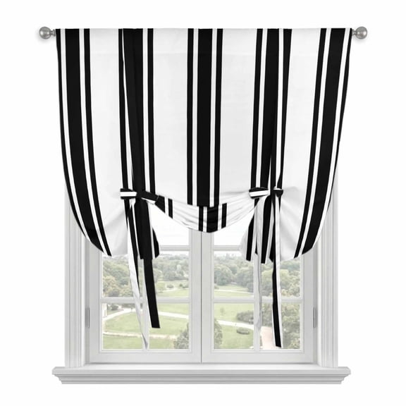 Black Striped Tie Up Curtains for Kitchen Windows,Adjustable Rod Pocket Valance 45 Inch Short, Farmhouse Aesthetic Modern Stripes Window Treatment Balloon Roman Blind Shade, 52" x 45"