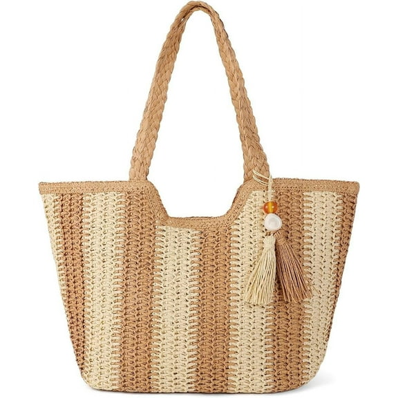Women Tassel Straw Beach Bag Large Summer Straw Tote Bag Vocation Woven Bag Travel Straw Shoulder Zipper Bags with Pom