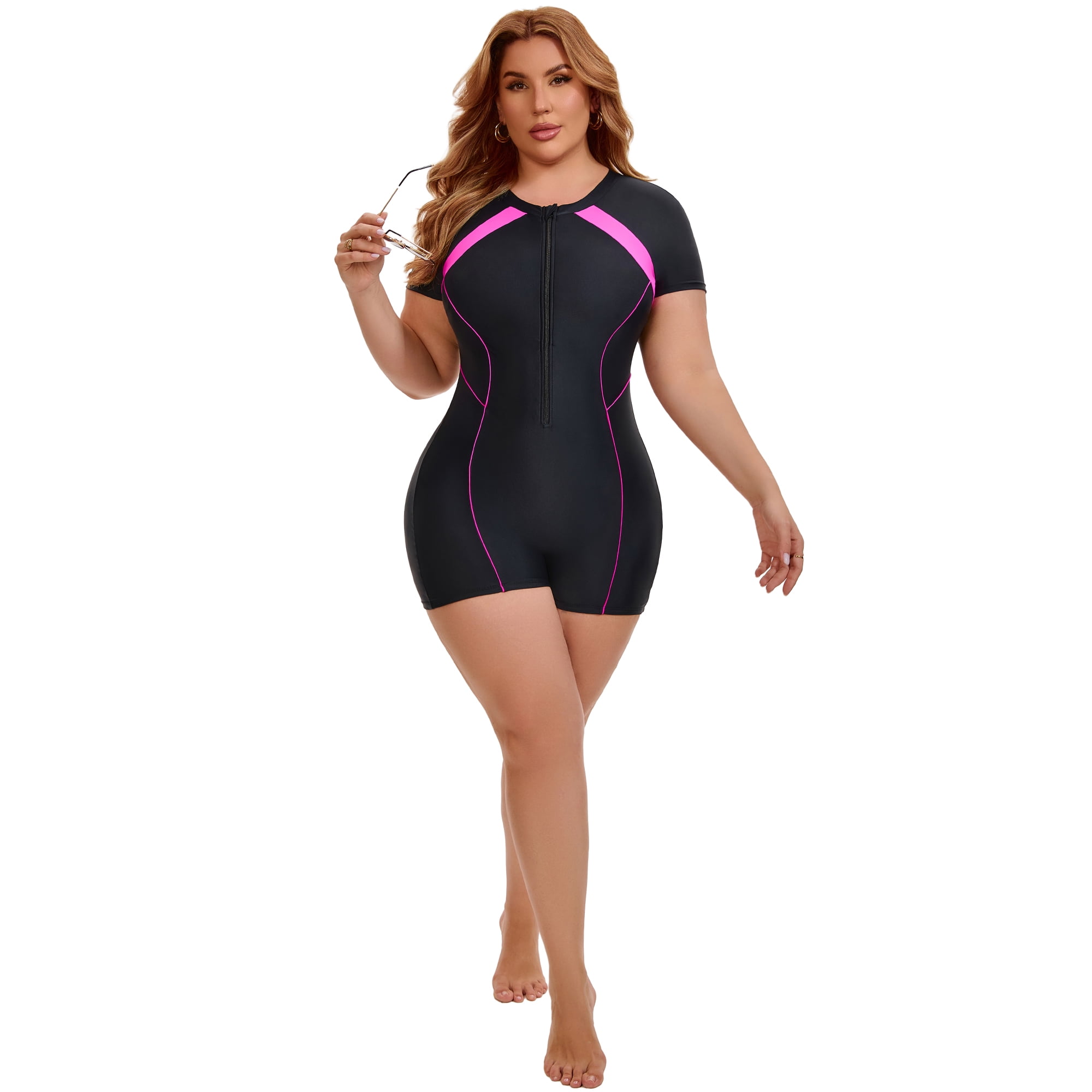 DARING DIVA Women's Plus 1 Piece Surfing with Short Swimwear 4X Black Fuchsia